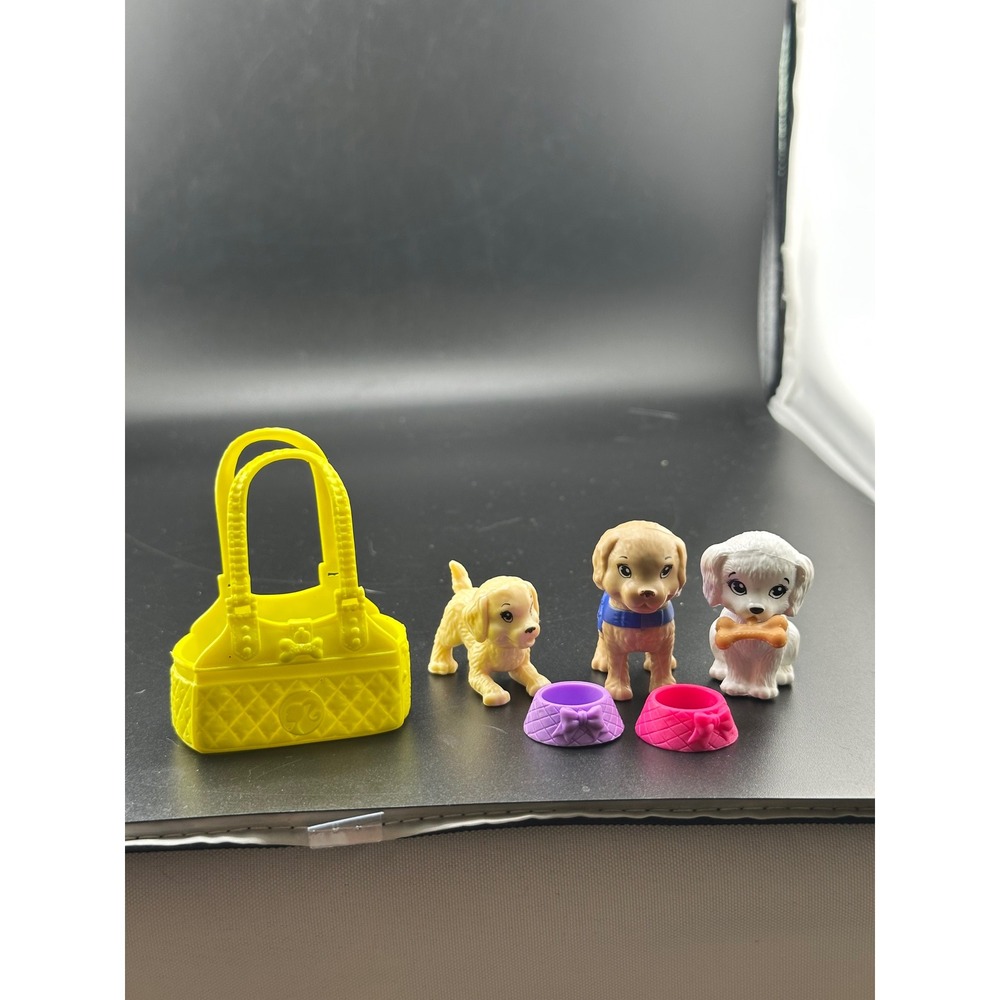 Barbie 3 Dogs pet carrier bowls bone Mattel 7 pieces puppies purse